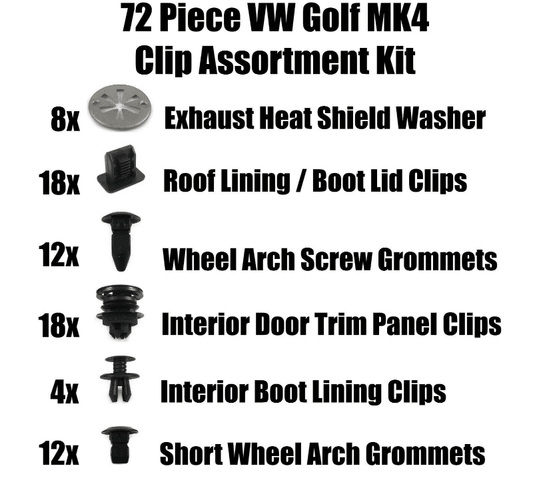 Assortment of Common Trim Clips & Fasteners for VW Golf Mk4 72 Piece Set