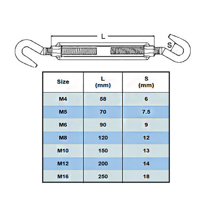 Hook to Hook Turnbuckle Wire Rope Tensioner Rigging - Stainless Steel A4 316
