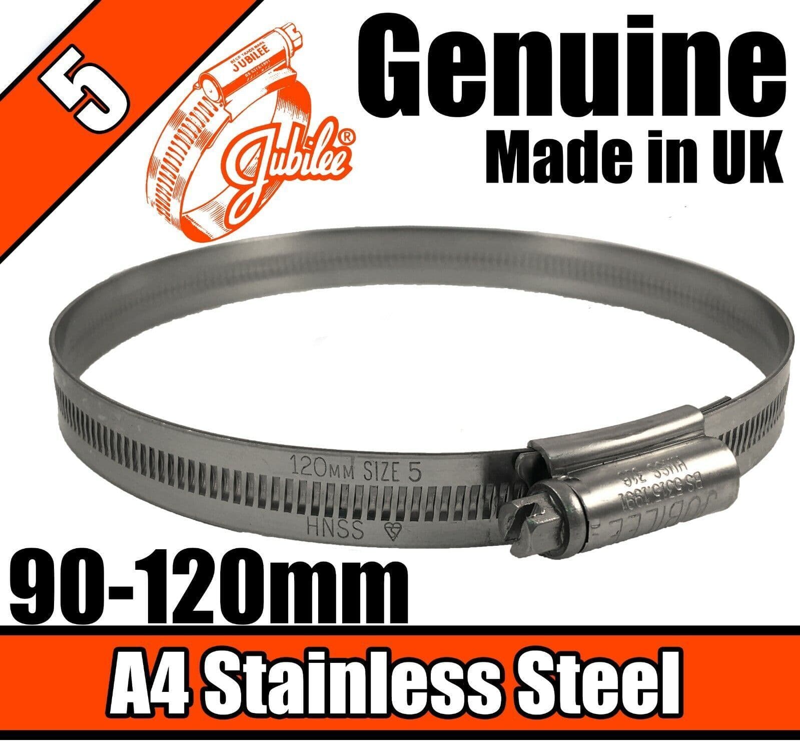 Jubilee A4 Marine Stainless Steel Clips Hose Pipe Clamp Worm Drive 90-120mm 5