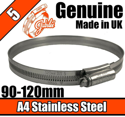 Jubilee A4 Marine Stainless Steel Clips Hose Pipe Clamp Worm Drive 90-120mm 5