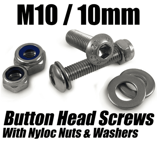 M10/10mm Button Head Screws W/ Nyloc Nuts Washers Socket Bolts Stainless Steel