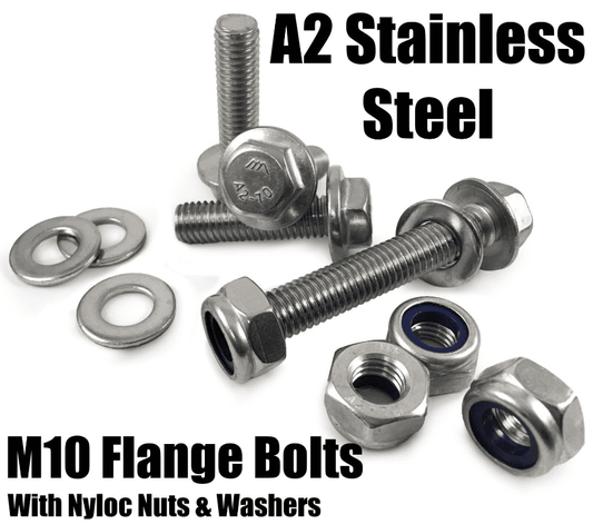 M10 A2 Stainless Steel Hex Head Flange Bolts With A2 Lock Nyloc Nuts & Washers