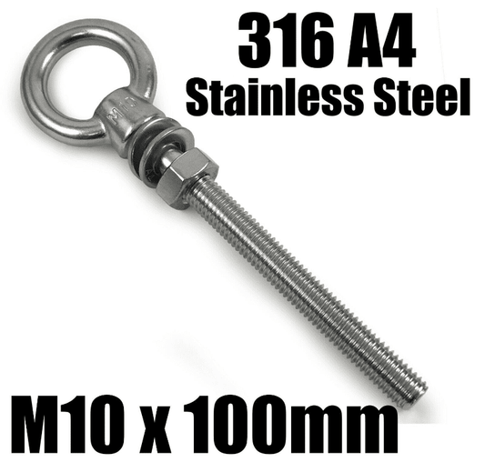 M10x100mm A4 316 Marine Grade Stainless Steel Lifting Eye Bolt Longshank Nut