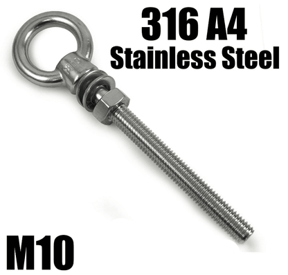 M10x150mm A4 316 Marine Grade Stainless Steel Lifting Eye Bolt Longshank Nut