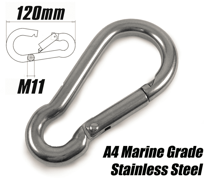 M11 x 120mm Marine Grade A4 Stainless Steel Carabiner Spring Hook Snap Rope Clip
