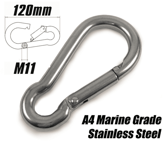 M11 x 120mm Marine Grade A4 Stainless Steel Carabiner Spring Hook Snap Rope Clip