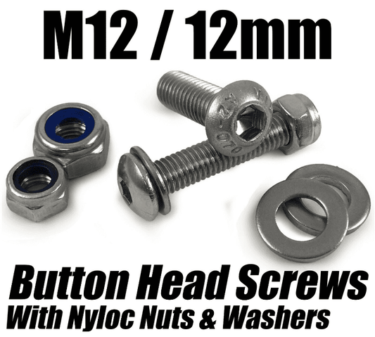 M12/12mm Button Head Screws W/ Nyloc Nuts Washers Socket Bolts Stainless Steel