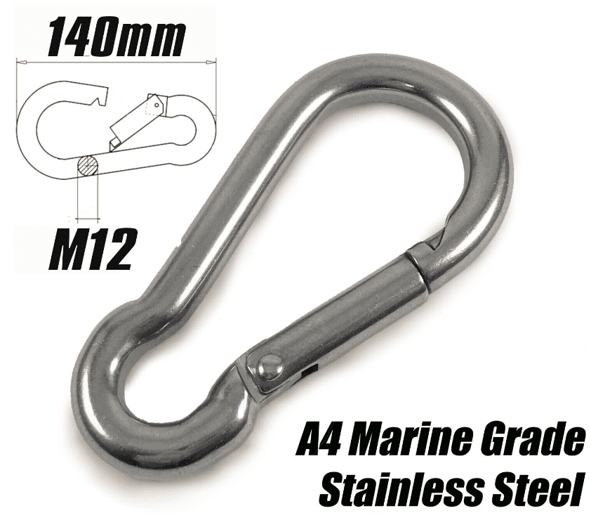 M12 x 140mm Marine Grade A4 Stainless Steel Carabiner Spring Hook Snap Rope Clip