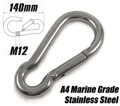 M12 x 140mm Marine Grade A4 Stainless Steel Carabiner Spring Hook Snap Rope Clip