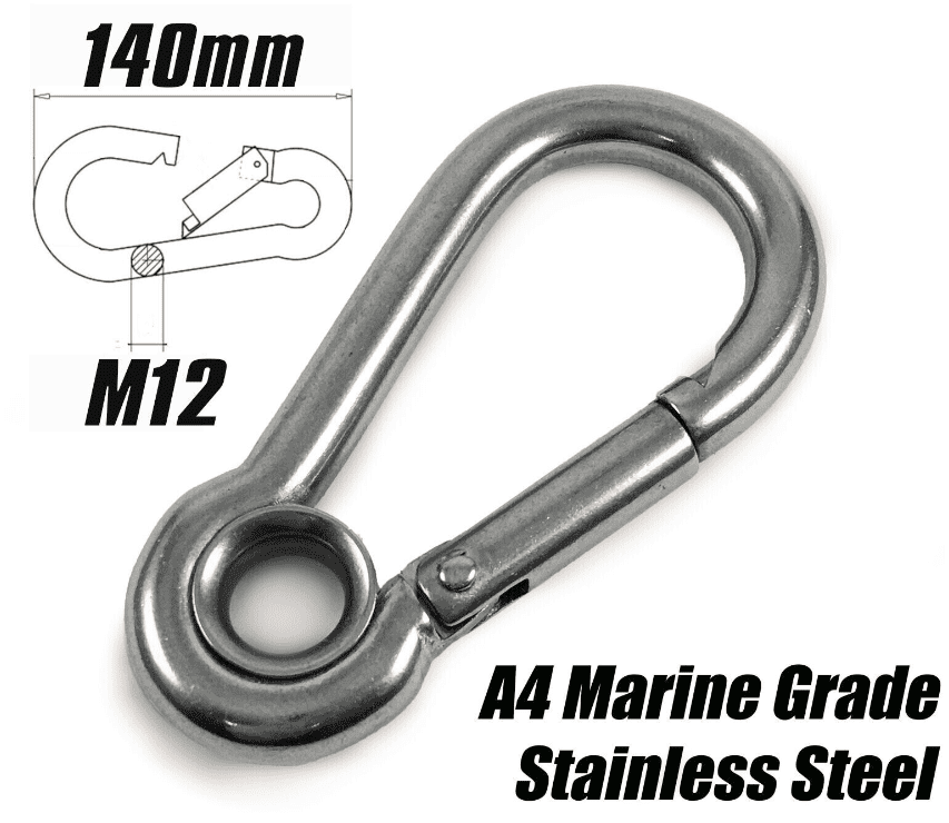 M12 x 140mm Spring Hook Eyelet Marine Grade A4 Stainless Steel Carabiner Clip