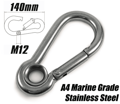 M12 x 140mm Spring Hook Eyelet Marine Grade A4 Stainless Steel Carabiner Clip
