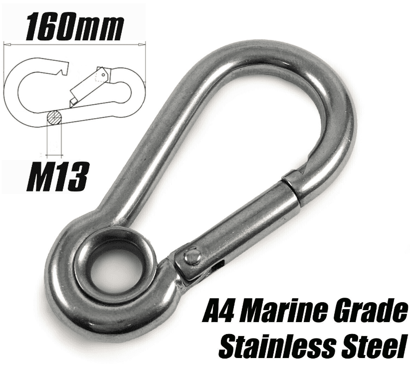 M13 x 160mm Eyelet Marine Grade A4 Stainless Steel Carabiner Spring Hook Clip