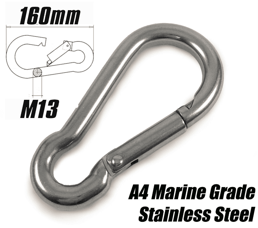 M13 x 160mm Marine Grade A4 Stainless Steel Carabiner Spring Hook Snap Rope Clip