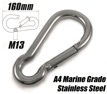 M13 x 160mm Marine Grade A4 Stainless Steel Carabiner Spring Hook Snap Rope Clip