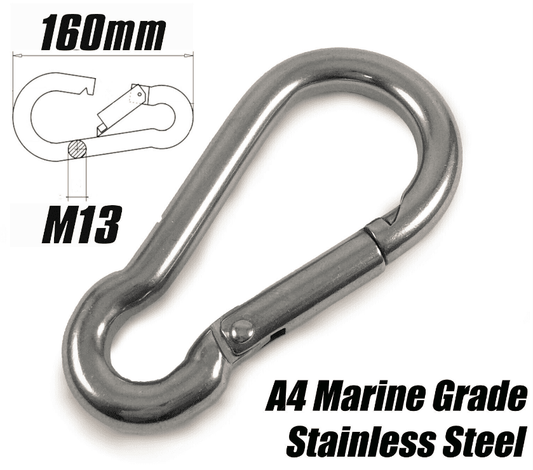 M13 x 160mm Marine Grade A4 Stainless Steel Carabiner Spring Hook Snap Rope Clip