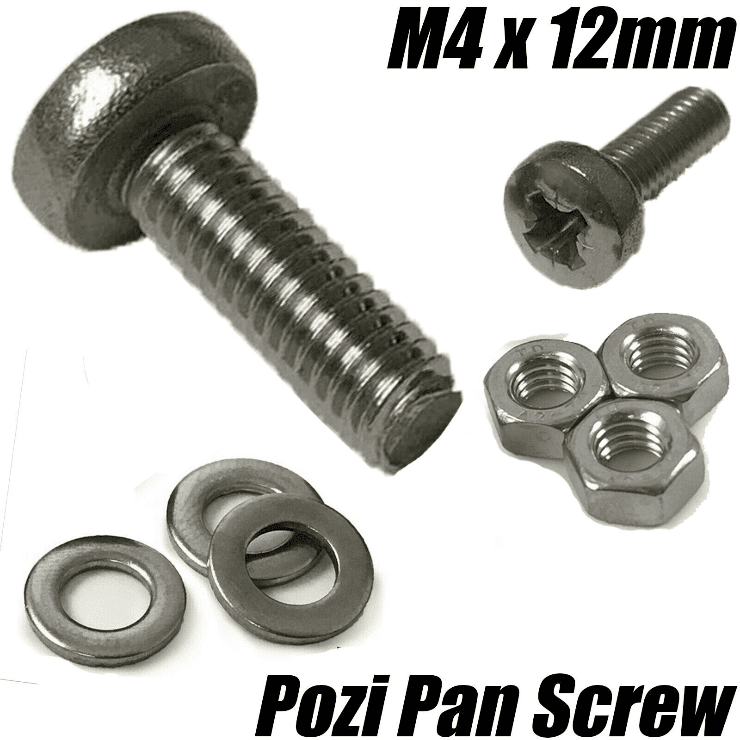 M4x12mm A2 Stainless Steel Machine Screws Pozi Pan Head Bolts, Hex Nuts & Washers