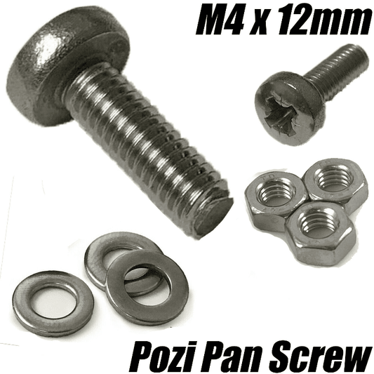 M4x12mm A2 Stainless Steel Machine Screws Pozi Pan Head Bolts, Hex Nuts & Washers