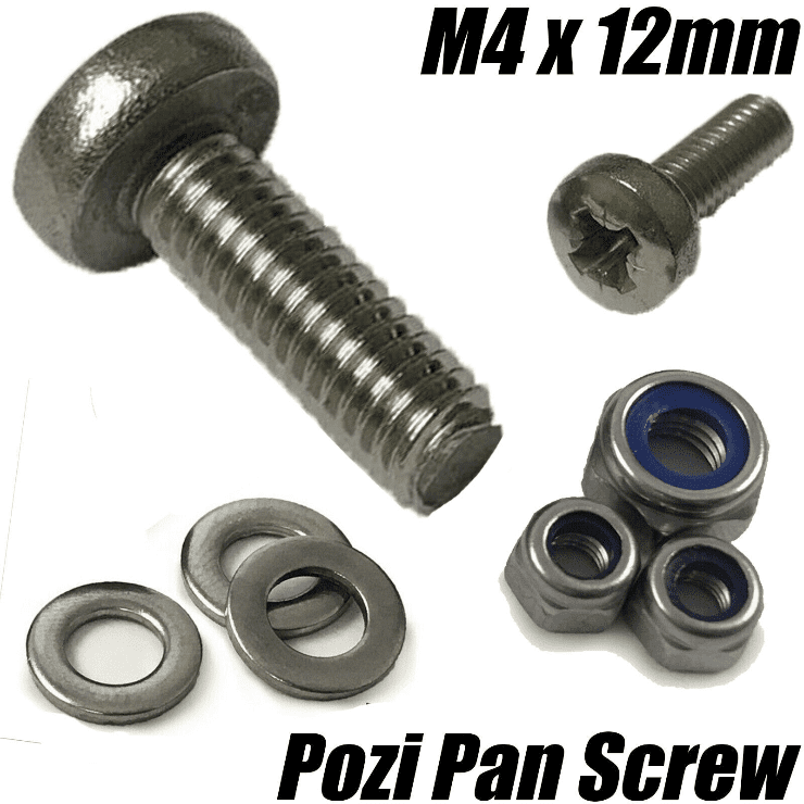 M4X12mm Machine Screw Pozi Pan Head Bolts A2 Stainless Steel Nyloc Nuts Washer