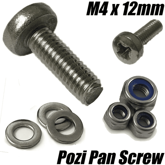 M4X12mm Machine Screw Pozi Pan Head Bolts A2 Stainless Steel Nyloc Nuts Washer