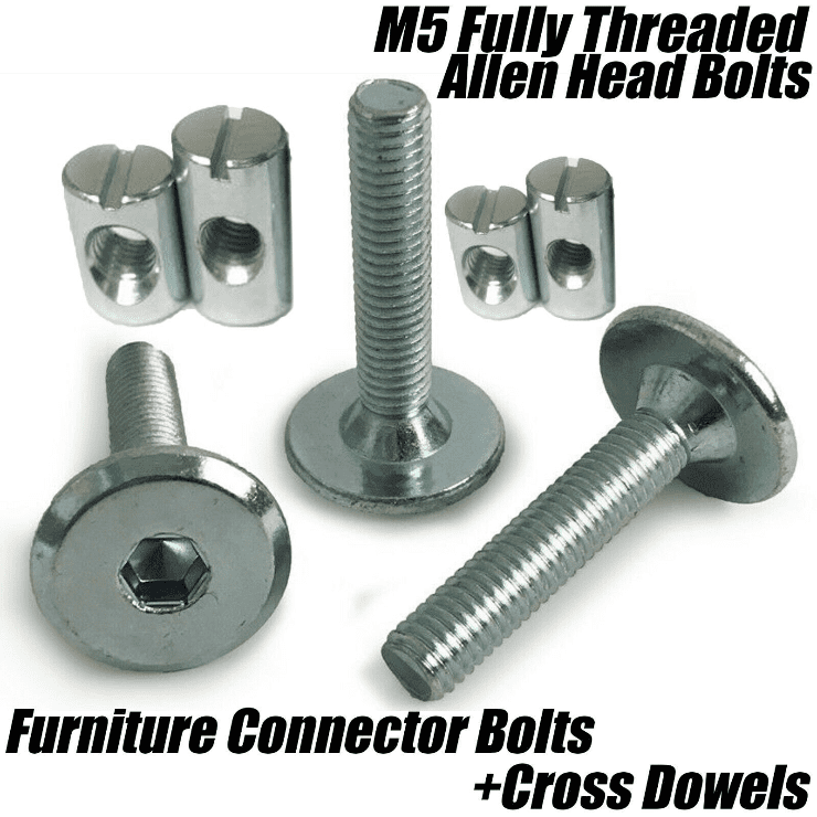 M5 5mm Steel Hex Drive Furniture Connector Bolts Flat Head Joint + Cross Dowels