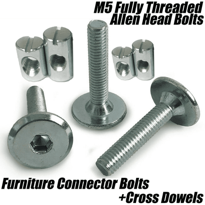 M5 5mm Steel Hex Drive Furniture Connector Bolts Flat Head Joint + Cross Dowels