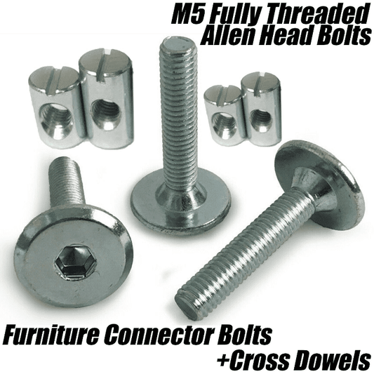 M5 5mm Steel Hex Drive Furniture Connector Bolts Flat Head Joint + Cross Dowels