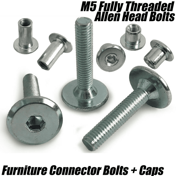 M5 5mm Steel Hex Drive Furniture Connector Bolts Flat Head Joint + End Stop Caps