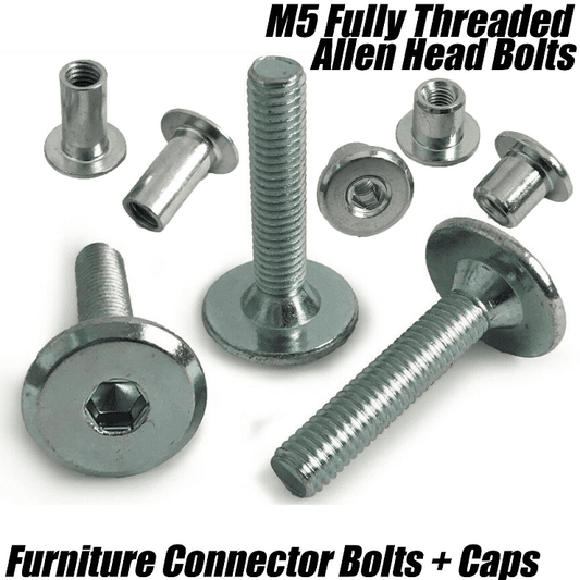 M5 5mm Steel Hex Drive Furniture Connector Bolts Flat Head Joint + End Stop Caps