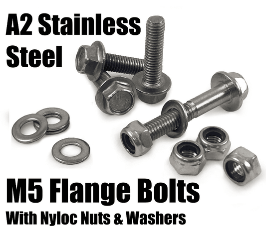 M5 A2 Stainless Steel Hex Head Flange Bolts With A2 Locking Nyloc Nuts & Washers