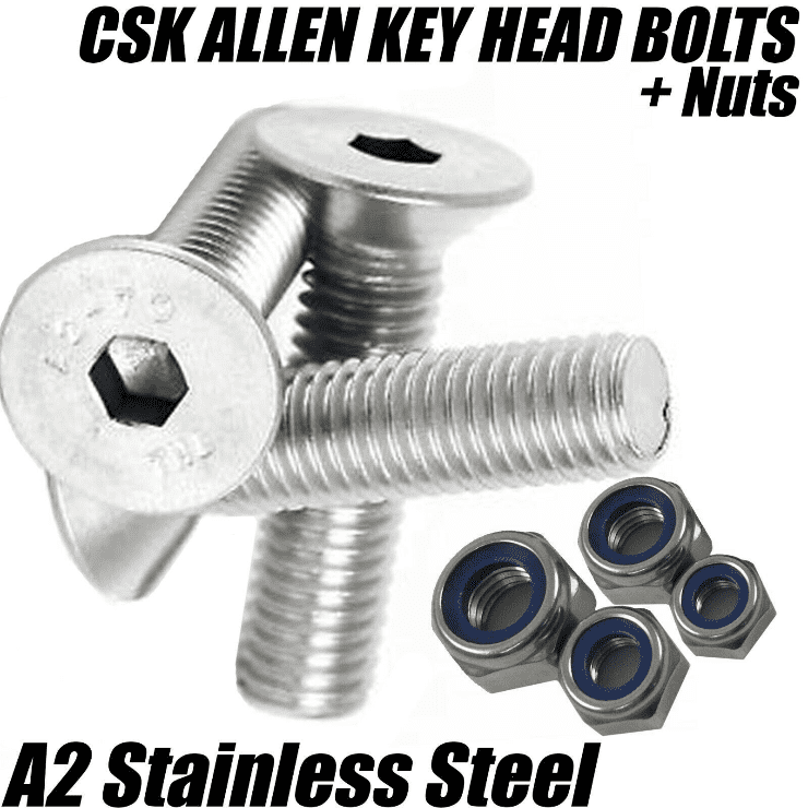 M6 A2 Stainless Steel Machine Screws Countersunk Bolts Socket Bolts + Nyloc Nuts