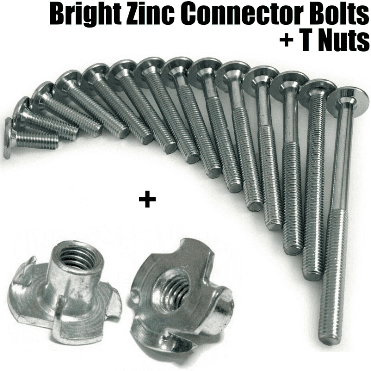 M6 Thread Zinc Furniture Connector Bolts + 4 Pronged T-Nuts Insert 12mm-150mm