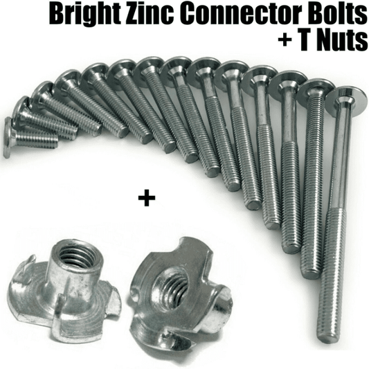 M6 Thread Zinc Furniture Connector Bolts + 4 Pronged T-Nuts Insert 12mm-150mm