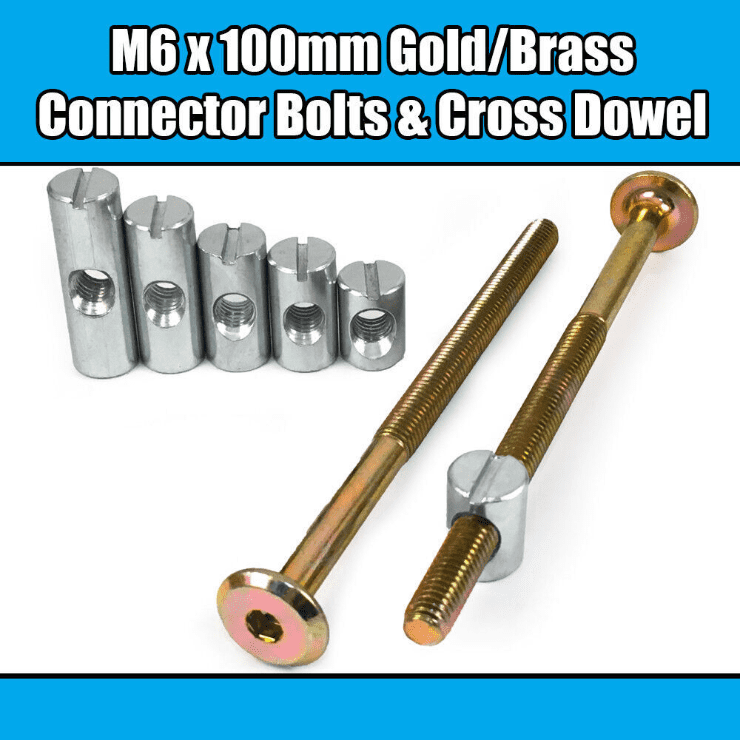 M6X100mm Gold Yellow Furniture Connector Bolts Cross Dowel Barrel Nuts Bed Cot