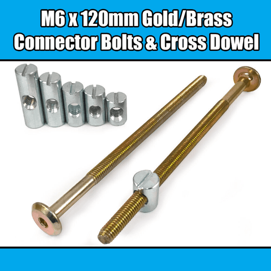 M6X120mm Gold Yellow Furniture Connector Bolts Cross Dowel Barrel Nuts Bed Cot