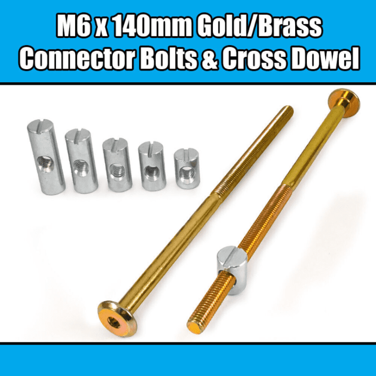 M6X140mm Gold Yellow Furniture Connector Bolts Cross Dowel Barrel Nuts Bed Cot
