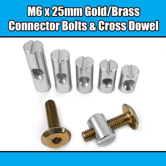 M6X25mm Gold Yellow Furniture Connector Bolts Cross Dowel Barrel Nuts Bed Cot