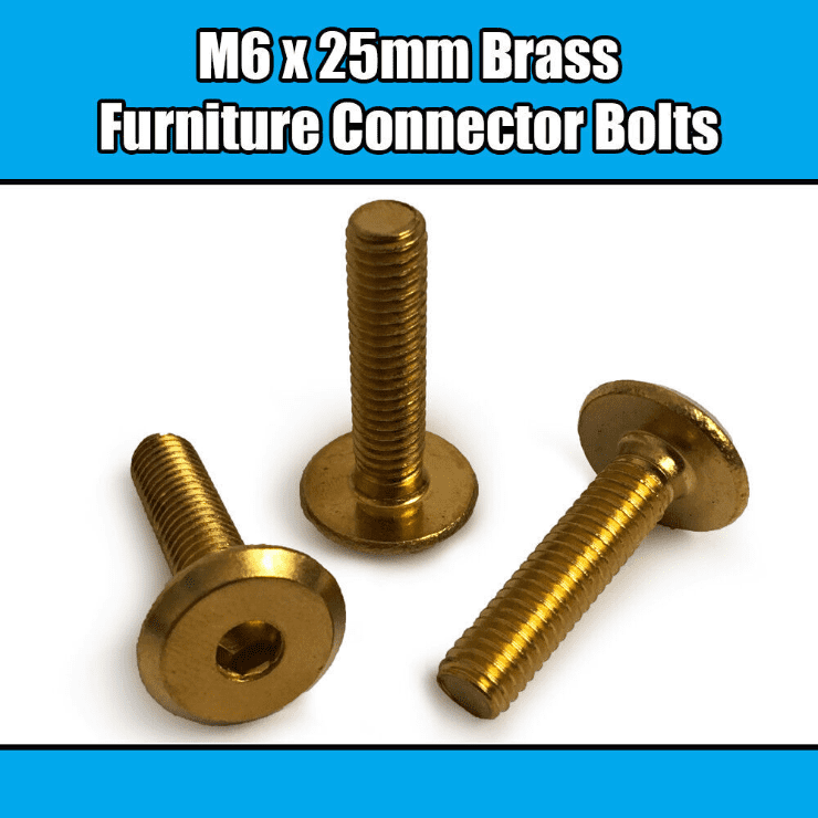 M6X25mm Solid Brass Furniture Connector Bolts Flat Hex Drive Joint Bed Cot