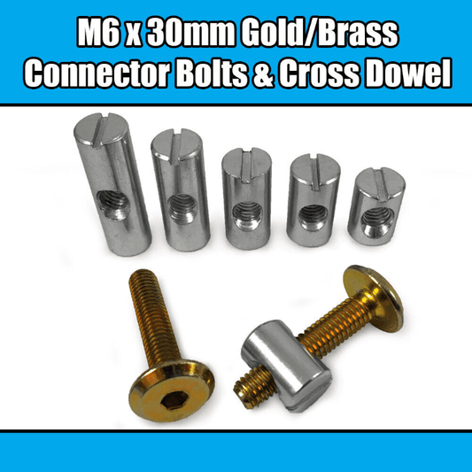 M6X30mm Gold Yellow Furniture Connector Bolts Cross Dowel Barrel Nuts Bed Cot