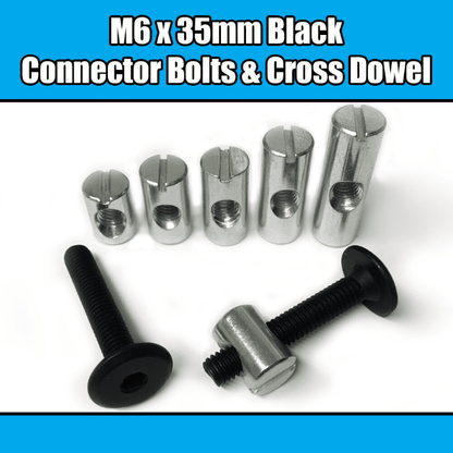 M6X35mm Black Furniture Connector Bolts & Cross Dowel Barrel Nuts Fixing Unit