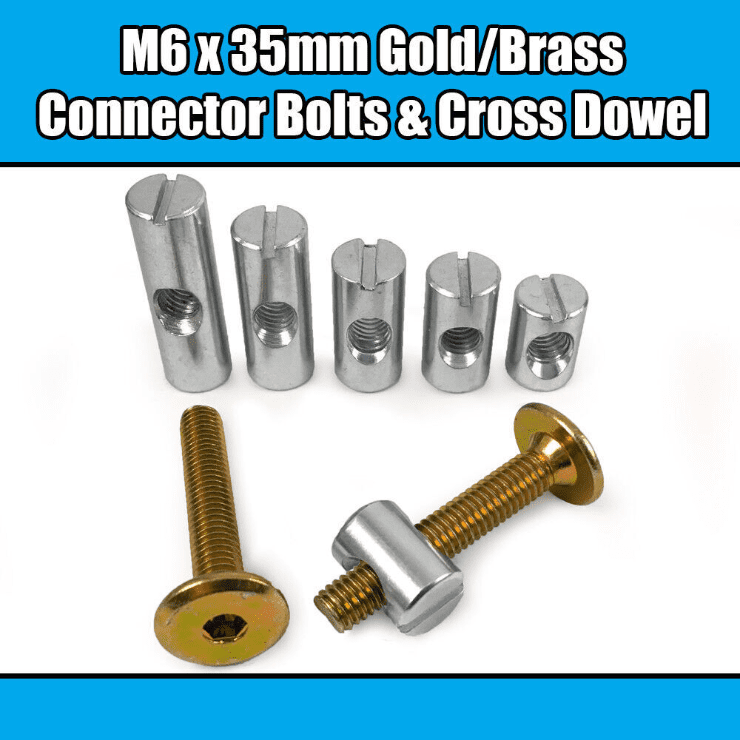 M6X35mm Gold Yellow Furniture Connector Bolts Cross Dowel Barrel Nuts Bed Cot