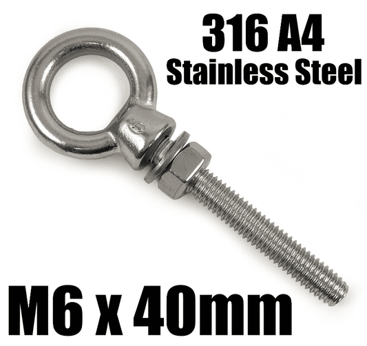 M6X40mm A4 316 Marine Grade Stainless Steel Lifting Eye Bolt Longshank Nut