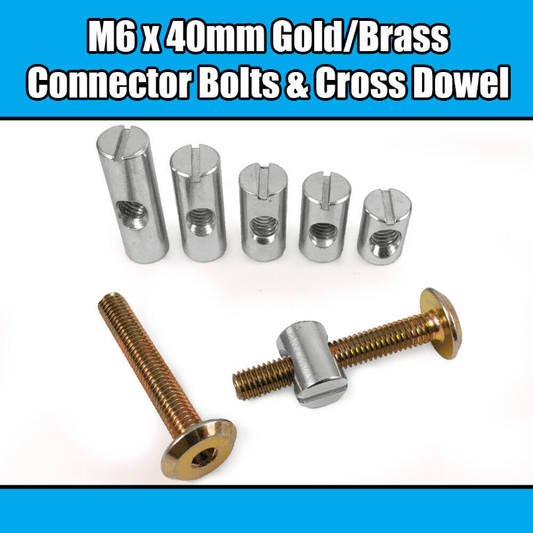 M6X40mm Gold Yellow Furniture Connector Bolts Cross Dowel Barrel Nuts Bed Cot