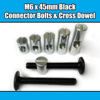 M6X45mm Black Furniture Connector Bolts & Cross Dowel Barrel Nuts Fixing Unit