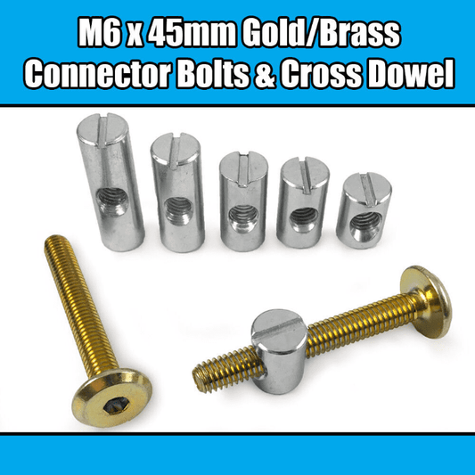M6X45mm Gold Yellow Furniture Connector Bolts Cross Dowel Barrel Nuts Bed Cot