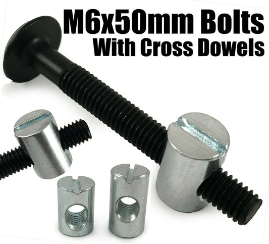 M6X50mm Black Furniture Connector Bolts & Cross Dowel Barrel Nuts Fixing Unit