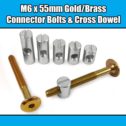 M6X55mm Gold Yellow Furniture Connector Bolts Cross Dowel Barrel Nuts Bed Cot