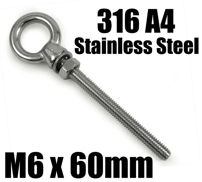 M6X60mm A4 316 Marine Grade Stainless Steel Lifting Eye Bolt Longshank Nut