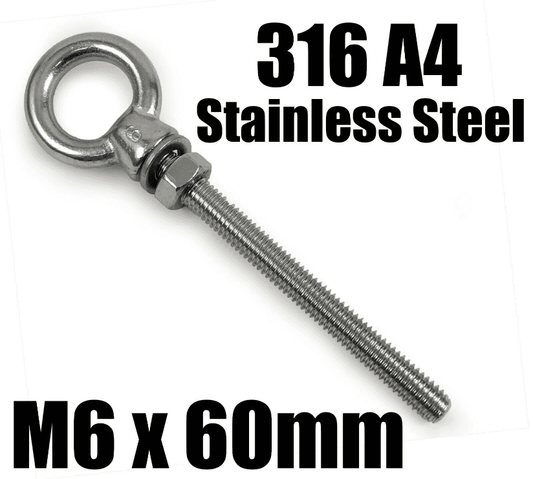 M6X60mm A4 316 Marine Grade Stainless Steel Lifting Eye Bolt Longshank Nut