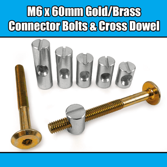 M6X60mm Gold Yellow Furniture Connector Bolts Cross Dowel Barrel Nuts Bed Cot