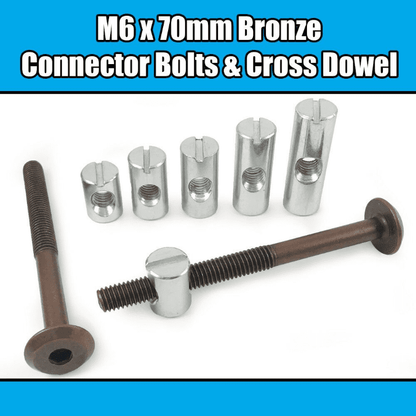 M6X70mm Bronze Furniture Connector Bolts & Cross Dowel Barrel Nuts Fixing Unit